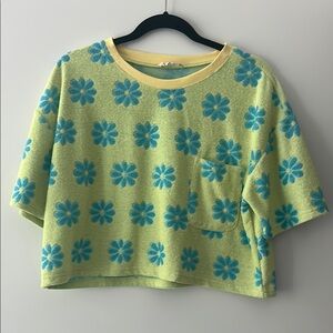 Yellow and Blue floral terry cloth  crop top